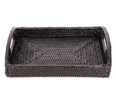 Pottery Barn Tava Handwoven Rattan rectangle Tray black 11"x8" GC decor - Image 1 of 4