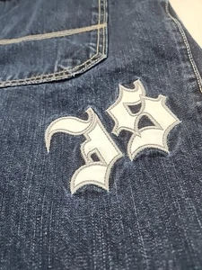 90s Interstate Baggy Denim Shorts Size 44 Embroidered Logo Blue White D24 - Picture 1 of 7