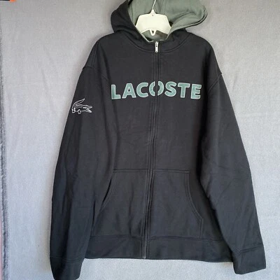 Suéter con Capucha Lacoste Para Hombres Talla 9 Abrigo Negro Chaqueta de Algodón Cremallera Completa Logo Grande Foto 1 de 4