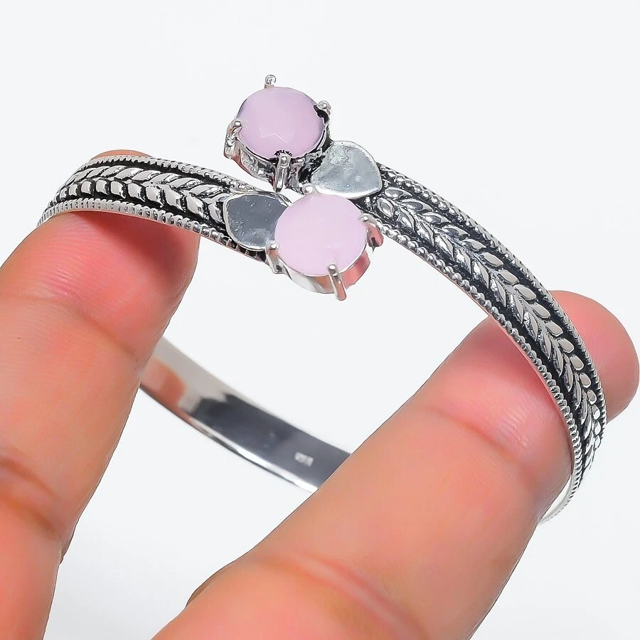 Brazalete ajustable de plata de ley 925 hecha a mano con piedras preciosas de cuarzo rosa rosa Foto 1 de 1