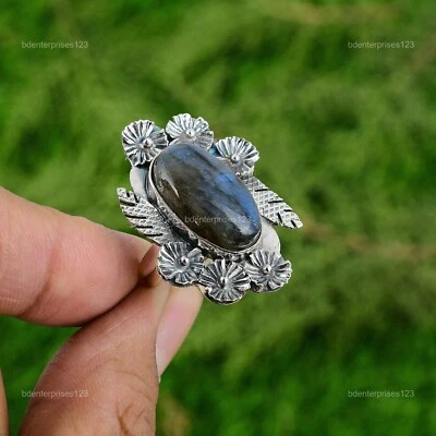 Anillo ajustable flor solitario plata 925 labradorita natural para mujer Foto 1 de 3