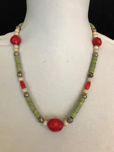Beautiful Native American Green Turquoise Hieshiand Red Coral Necklace - Picture 1 of 4