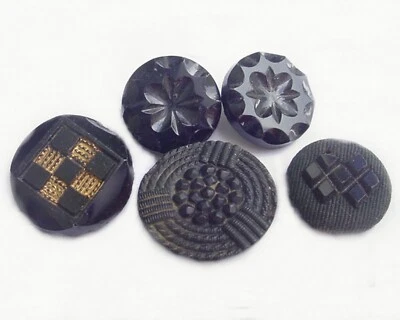 5 BLACK ANTIQUE BUTTONS IMITATION FABRIC OME GLASS GILT & MORE ALL DIFFERENT - Image 1 of 4