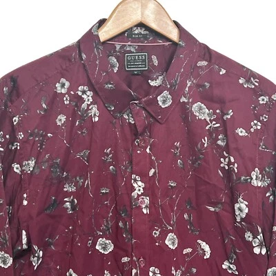 Guess Slim Fit Mens XL Maroon/Gray Flowers Cotton/Spandex Long Sleeve Button Up - Image 1 of 4