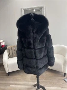 Harlin Outerwear Black Fox Natural Fur Coat With Hood szM NWT - Picture 1 of 13