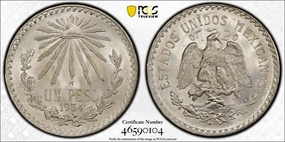 MEXICO ESTADOS UNIDOS  1934  1 PESO SILVER COIN, PCGS CERTIFIED SUPERB GEM MS66 - Image 1 of 4