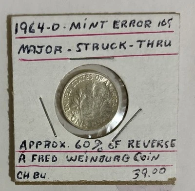 1964-D Roosevelt Dime Mint Error (Major - Struck - Thru ) Approx. 60% of Reverse - Image 1 of 4