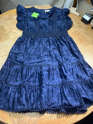 Vestido midi Kate Spade tamanho 8 azul marinho preto manga esvoaçante mídia mista novo com etiquetas $698 - Imagem 1 de 4
