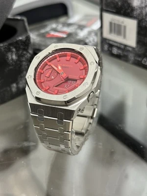 Casioak Mod Custom Metal Watch Casio G-Shock GA-2100-4A Red Dial Steel GA2100 - Image 1 of 4