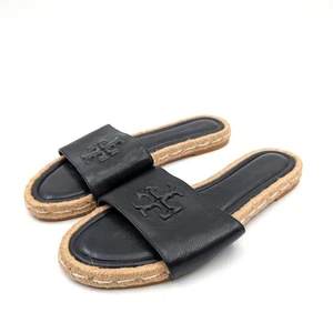 Tory Burch Everly Leather Espadrille Slide Sandals Women's Black Size US6.5 EU37 - Picture 1 of 8