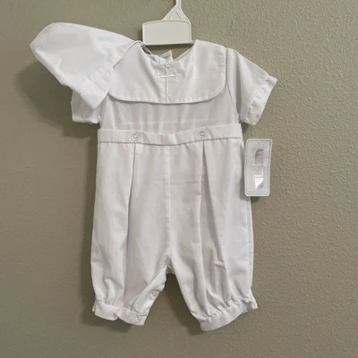 Petit Ami Baptism Romper White Christening Embroidered Romper Hat 12 Months - Image 1 of 4