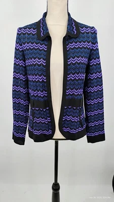 Cárdigan Exclusivamente Misook Frente Abierto Negro Azul Marino Púrpura Patrón Chevron Pequeño Foto 1 de 4