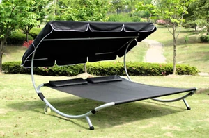 Doppelliege Sonnenliege für 2 Personen mit Sonnendach & Kissen Textilien Schwarz - Bild 1 von 15