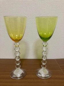 Baccarat Vega Fortissimo Wine Glass Orange/Green Set Used From Japan - Picture 1 of 7