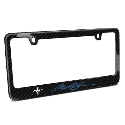 Ford Mustang Script in Blue Black Real Carbon Fiber License Plate Frame - Image 1 of 4
