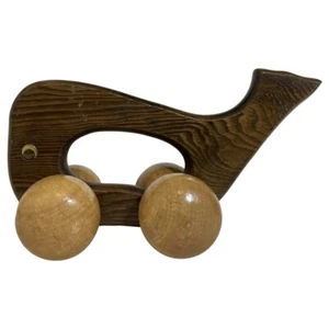 Vintage Wooden Whale Pusher Toy Rolling Wheels Googly Eyes Massager Taiwan R.O.C - Picture 1 of 10