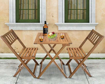 3 Piece Bistro Set Acacia Wood Outdoor Patio Furniture Folding Table & Chairs - Image 1 of 4