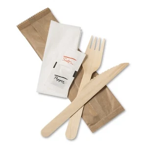Juego de cubiertos de madera desechables diezmo cuchillo 5 en 1 + tenedor + servilleta + sal + pimienta - Imagen 1 de 1
