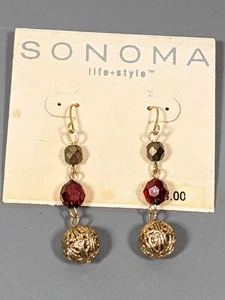 Sonoma Red Bead Stacked Gold Tone Filigree Ball Dangle Pierced Earrings - Picture 1 of 1