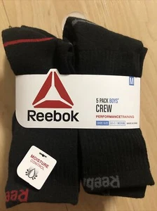 Reebok Boys Crew Socks 5 Pack Performance Trainng Moisture Control Black Size M - Picture 1 of 4