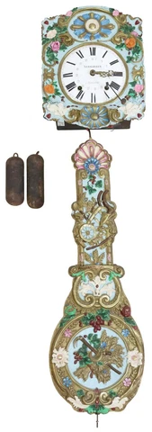 Antique Wall Clock, French Morbier/ Comtoise,  Polychrome Painted  Metal, 1800's Cover