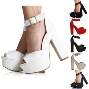 NEW WOMENS LADIES ANKLE STRAP PLATFORM HIGH HEEL PEEP-TOE SHOES SIZE 3-8 - Picture 1 of 27