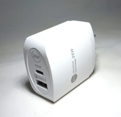PD 25W USB Type C Fast Charger Power Adapter Dual Port Wall Charger - White - Image 1 of 2