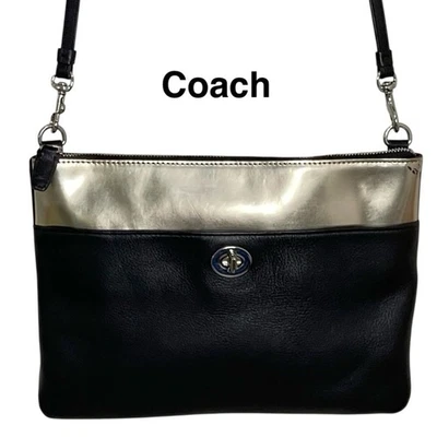 Coach Legacy Turnlock Mirror Gold Metallic Black Leather Crossbody Bag Clutch - Image 1 of 4