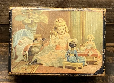 Antique Clark’s Spool Cotton Advertising Box Chromolithograph Lid Little Girl - Image 1 of 4