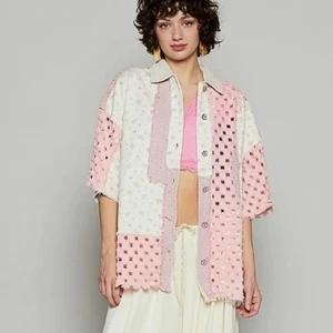 POL Pink & Cream Floral Distressed Damen Shacket Top L - Bild 1 von 3