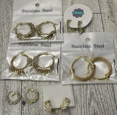 Stainless Steel Huggie/ Hoop Earrings 6 Pair Large Small Women Girl Set NEW - Image 1 of 4