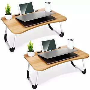 ICE ARMOR 2-PC Laptop Tray Lap Desk Stand Foldable Bed Table Cup Slot Beige - Picture 1 of 5