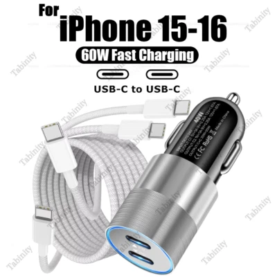 Fast Car Charger Braided Dual Type C 60W Cable For iPhone 15 16 Pro Max Samsung - Image 1 of 4