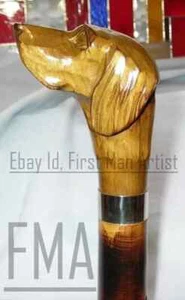 Dog Head Handle Wooden Walking Stick Hand Carved Walking Cane Animal Gift - Picture 1 of 4