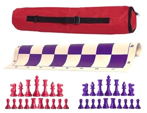 Archer Single Weight Chess Set - Vinyl Board w/ Pieces & Bag - Red Purple - Picture 1 of 5