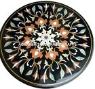 Black Marble Round Table Top Lapis Stone Inlay Decor Floral Marquetry Work H2882