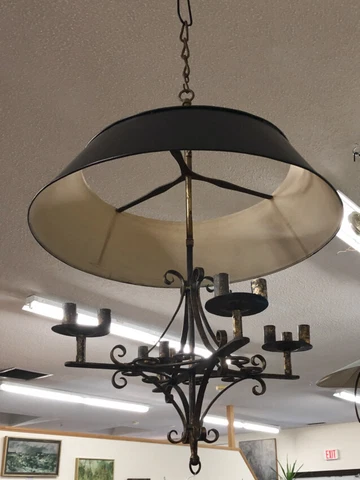 Vintage candle chandelier with tin adjustable shade c1950 with gilt wrought iron Cover