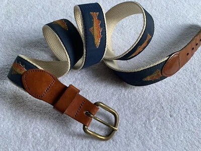Cinturón Leather Man Ltd Para Hombres 42 Grano Superior Cuero Latón Lona Bordado Pescado EE. UU. Foto 1 de 4