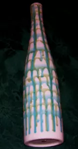 Colorful MCM Enesco 15 Inch Tall Vase From Szolds In Peoria IL Label Decades Ago - Picture 1 of 2