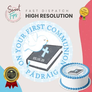 COMMUNION BLUE EDIBLE ROUND BIRTHDAY CAKE TOPPER DECORATION PERSONALISED  - Picture 1 of 1