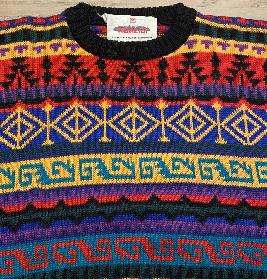 VTG Obermeyer Wild Aztec Geometric Mens S Crew Neck Wool Blend Denali Sweater - Image 1 of 4