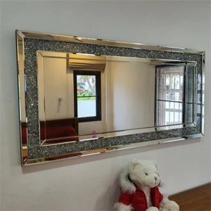 Large Crystal Crush Diamond Rectangle Silver Mirror Wall Hang Frameless Mirror - Picture 1 of 13