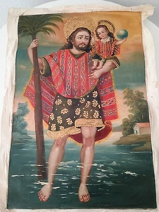 Archangel Saint Christopher on Handmade Canvas Peruvian Painting Cusco - Picture 1 of 7
