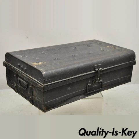 Antique Art Deco Steel Metal Military Weapons Black Storage Travel Trunk Cover