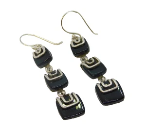 Pair of Sterling Silver Black Agate Triple Drop Hook Earrings Vintage c1970 - Picture 1 of 4