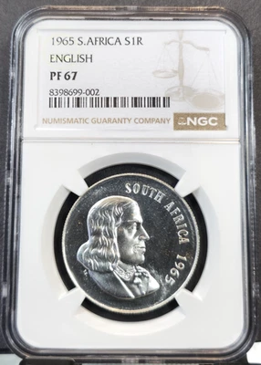1965 SOUTH AFRICA SILVER 1 RAND ENGLISH SPRINGBOK NGC PF 67 SCARCE GEM PROOF - Image 1 of 3