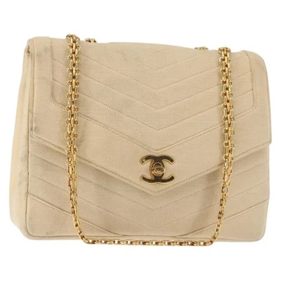 Auténtico bolso de hombro Chanel V stitch cadena algodón vintage beige dorado CC bs29453 Foto 1 de 4