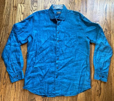 Neiman Marcus Shirt Mens Size Large 100% Linen Blue Long Sleeve Button Up - Image 1 of 4