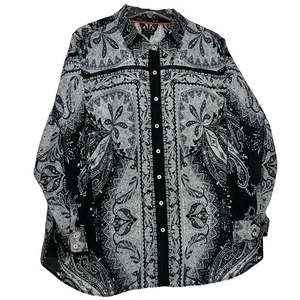 Top semi trasparente Talbots taglie forti 2X manica lunga con bottoni in paisley nero bianco - Foto 1 di 7