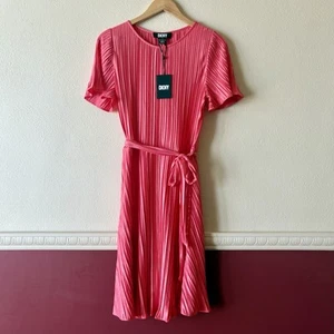 DKNY Pleated Swing Dress Women’s 8 Cocktail Pink Punch A-Line Tie Waist NWT - Picture 1 of 9